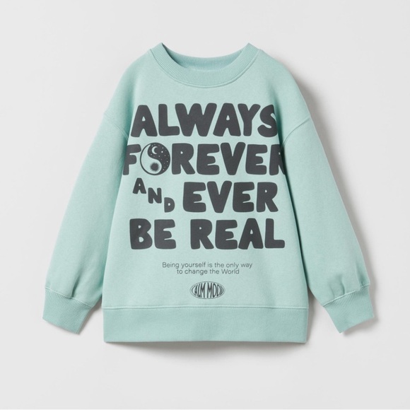 Zara Slogan Sweatshirt Girls Kids 9-10Y Green ‘Be Yourself’ Graphic Sweater - Picture 3 of 10